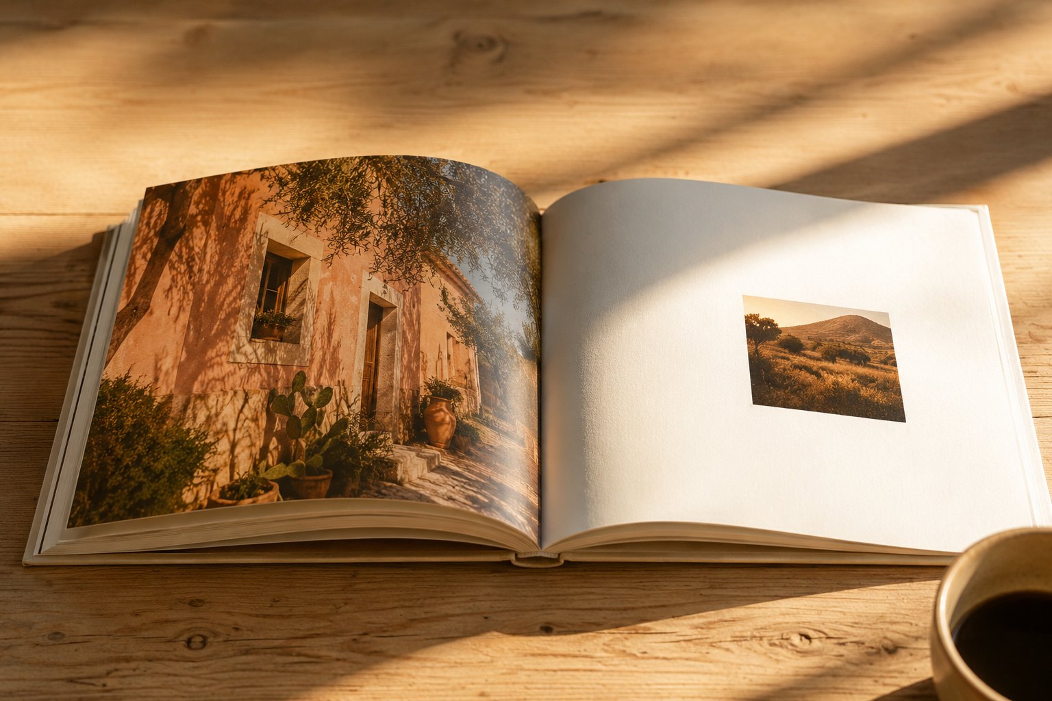An open photobook on a wooden table in morning light, one large photograph per page