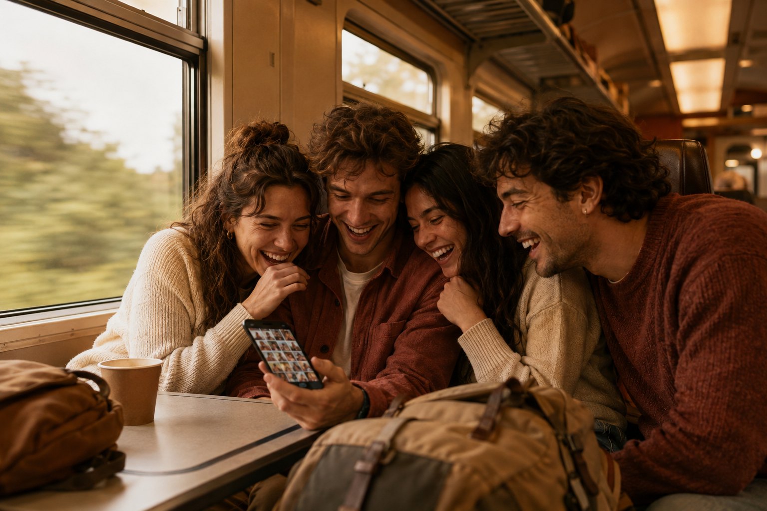 Four friends squeezed together on a train, laughing at photos on one phone