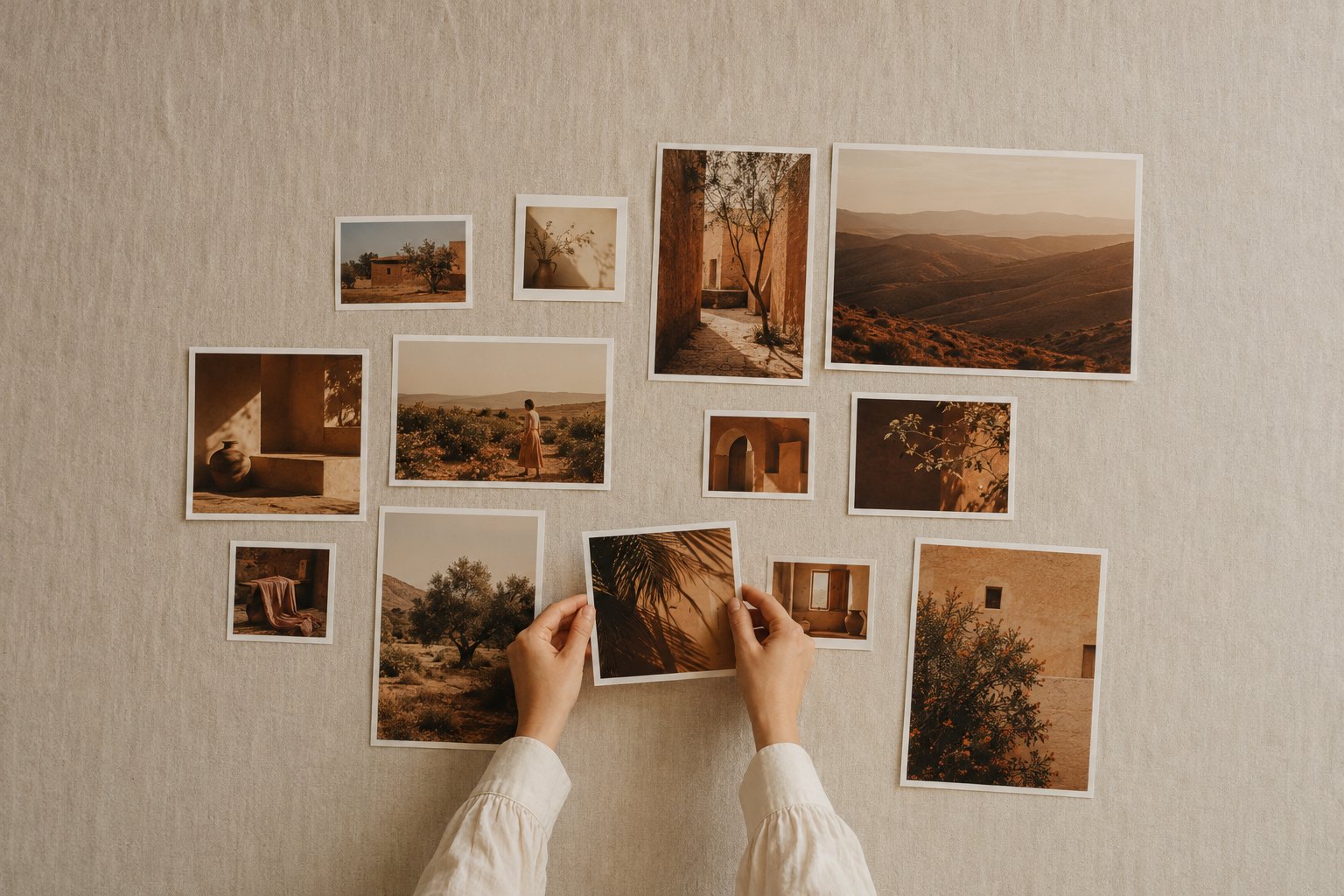Photographic prints in several different sizes arranged on pale linen, hands placing one