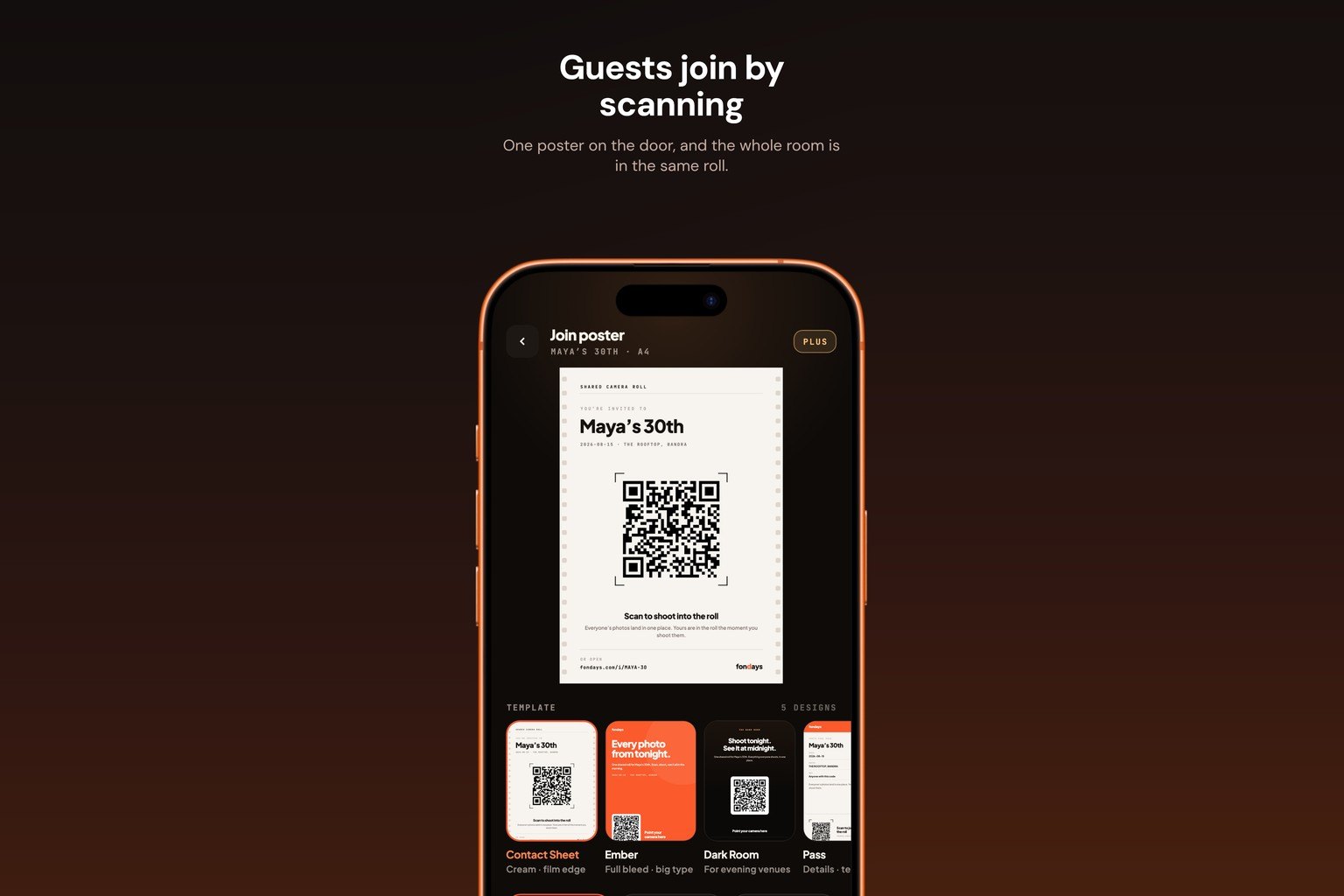 A printed join poster with a QR code for a party album, shown on a phone against a dark background