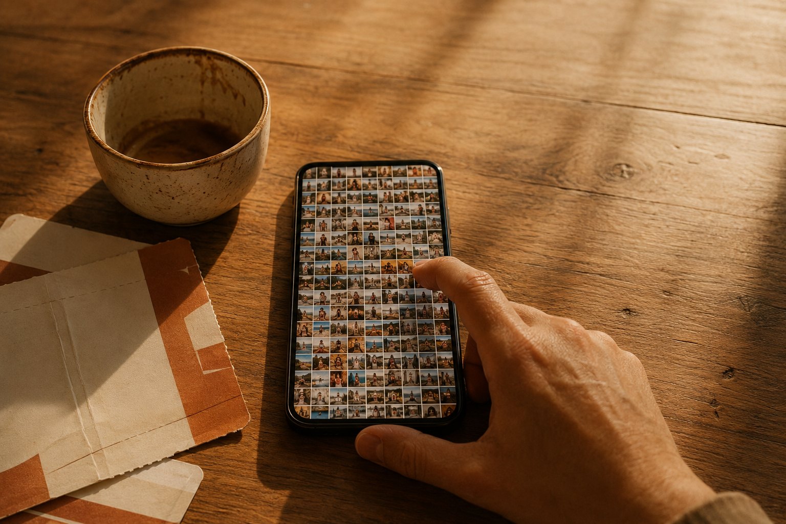A phone on a wooden table showing a dense grid of holiday photo thumbnails, a thumb mid-scroll