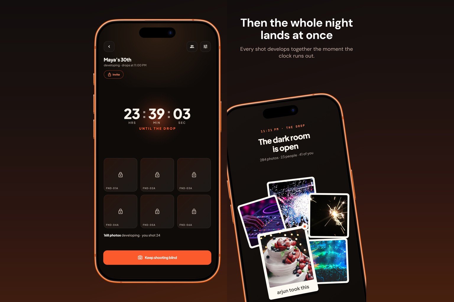 Two phones: one counting down to a photo reveal with locked tiles, one showing the revealed party photos