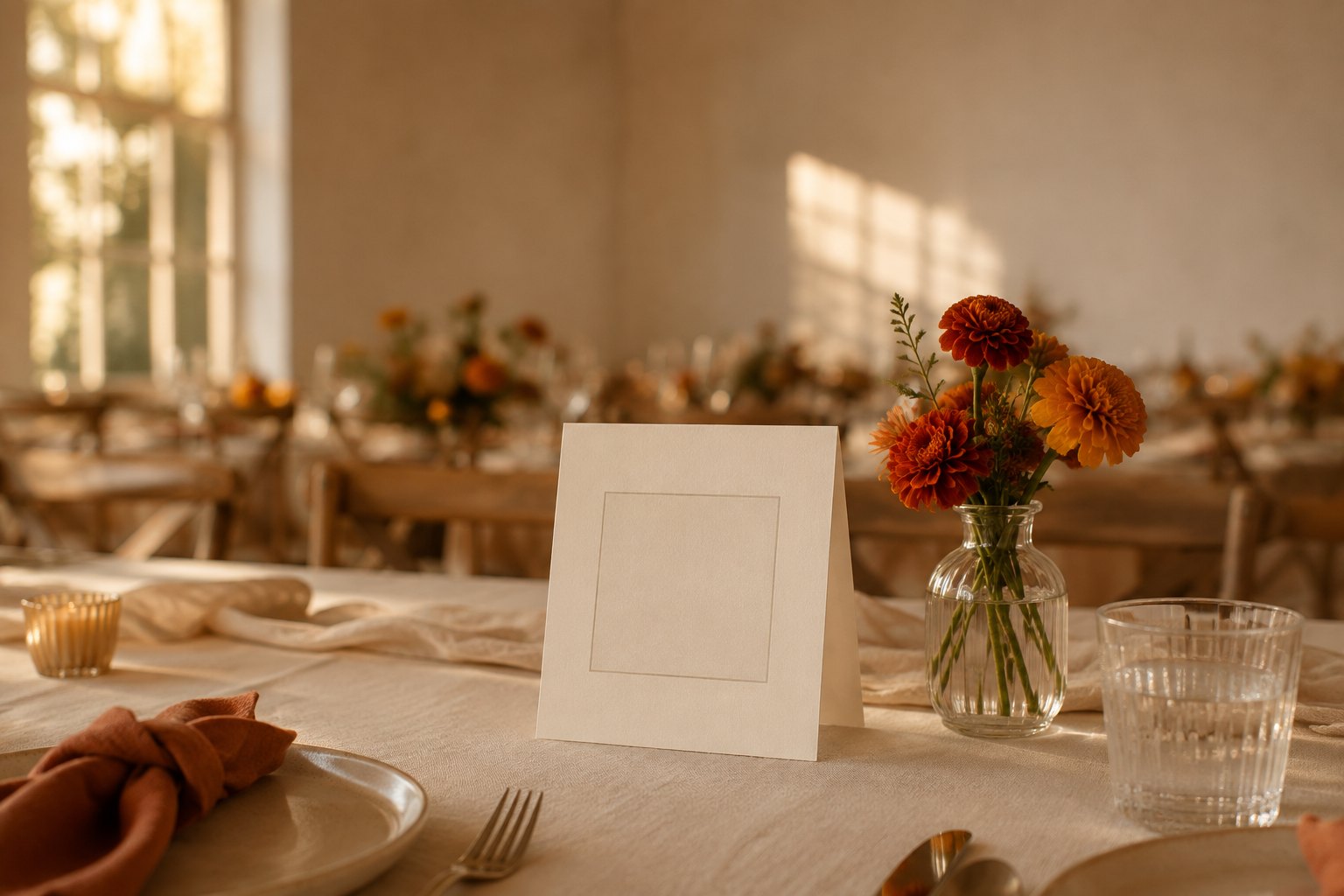 A blank place card standing on a set wedding table beside marigolds, where a QR code would go