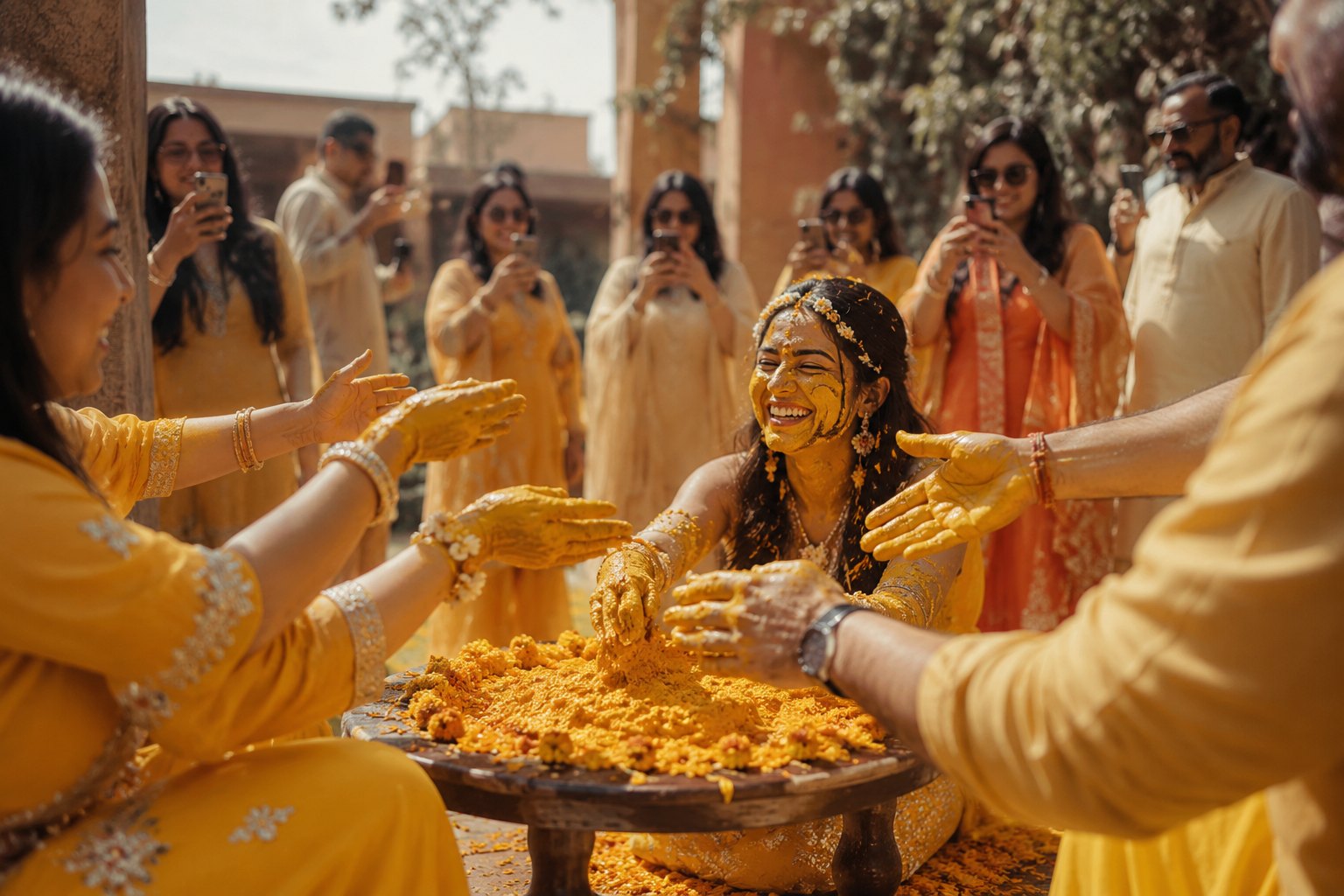 Guests smearing turmeric on the bride at a haldi ceremony while others film on their phones